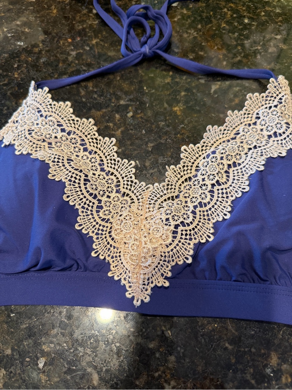 Navy Halter Bikini Top with Cream Lace V-Front